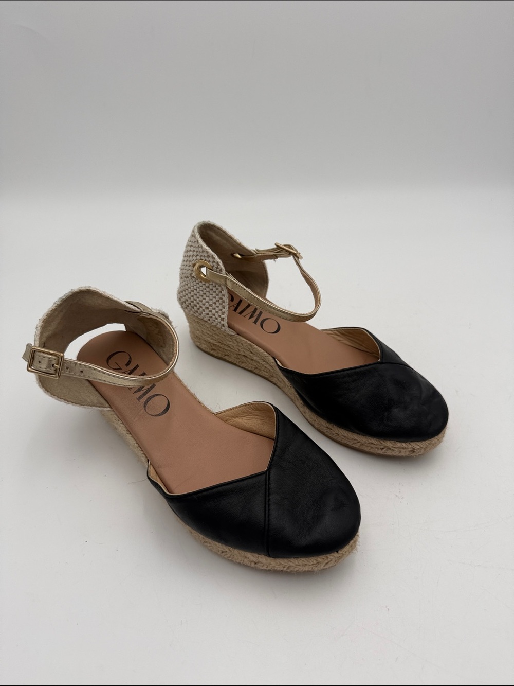 Gaimo Black Espadrille Wedge Sandals Ankle Strap leather women 37 casual office